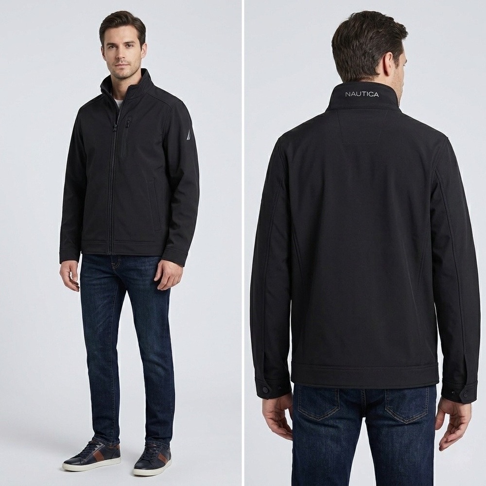 Nautica Mens Softshell Jacket Black L Large Fleece Lined Water‎ Wind Resistant
